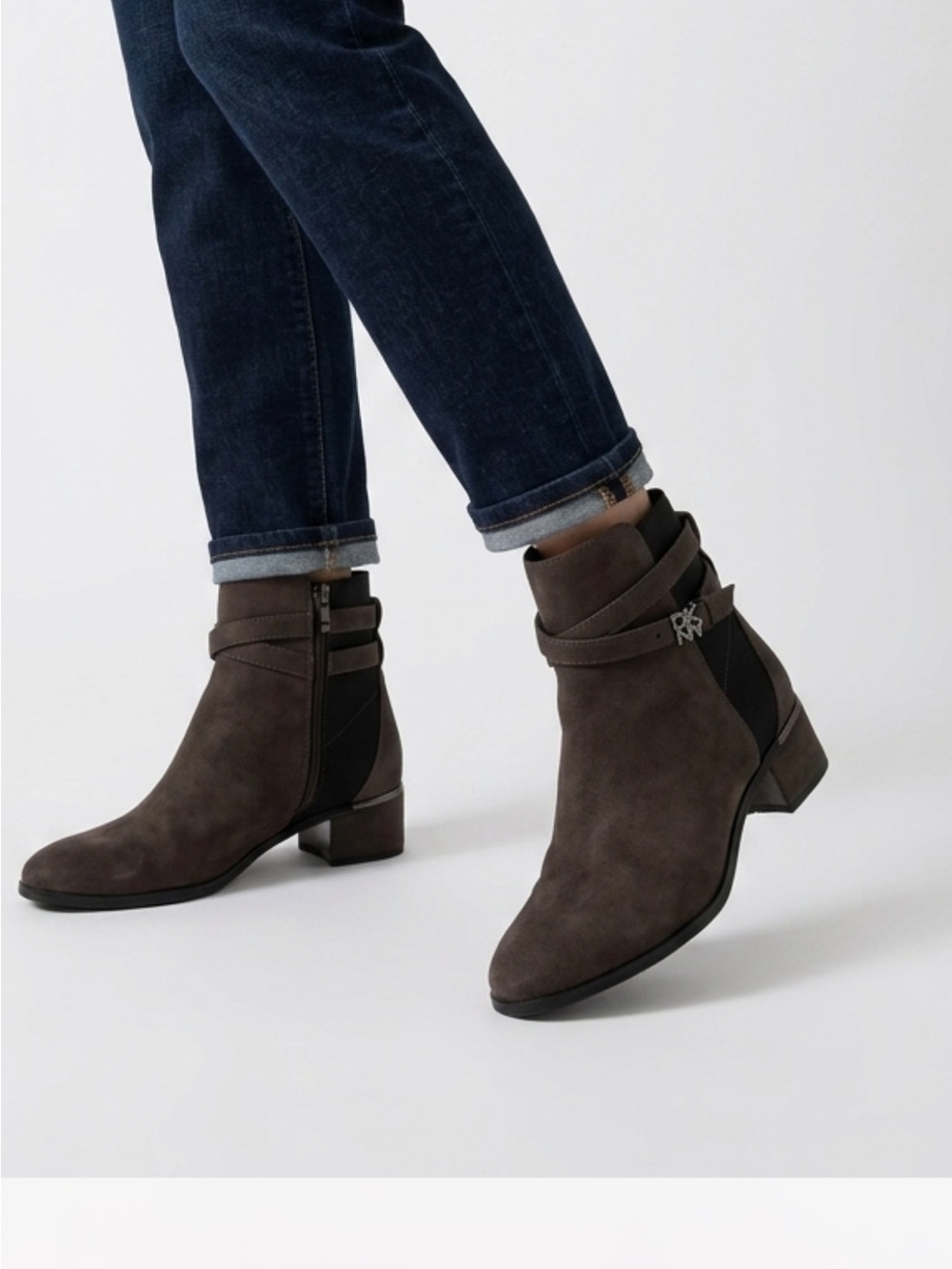 DKNY Black and Gray Suede Ankle Booties with Wrap Strap